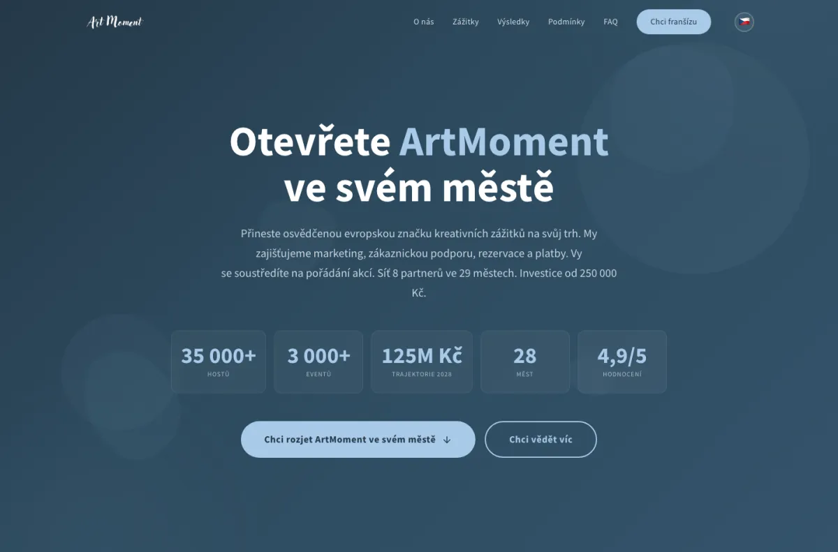 Náhled webu ArtMoment — Franšíza zážitků, Praha · Evropa